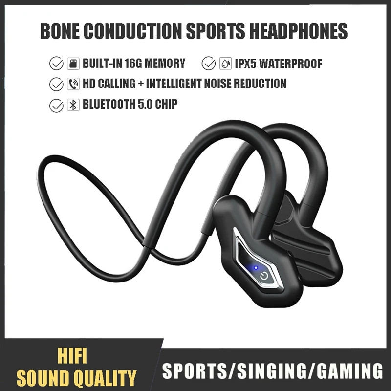 Bone Conduction Bluetooth Earphones Built-in 16G Memory MP3 Music Hanging Ear Sports Wireless Headphone With Mic Waterproof Game