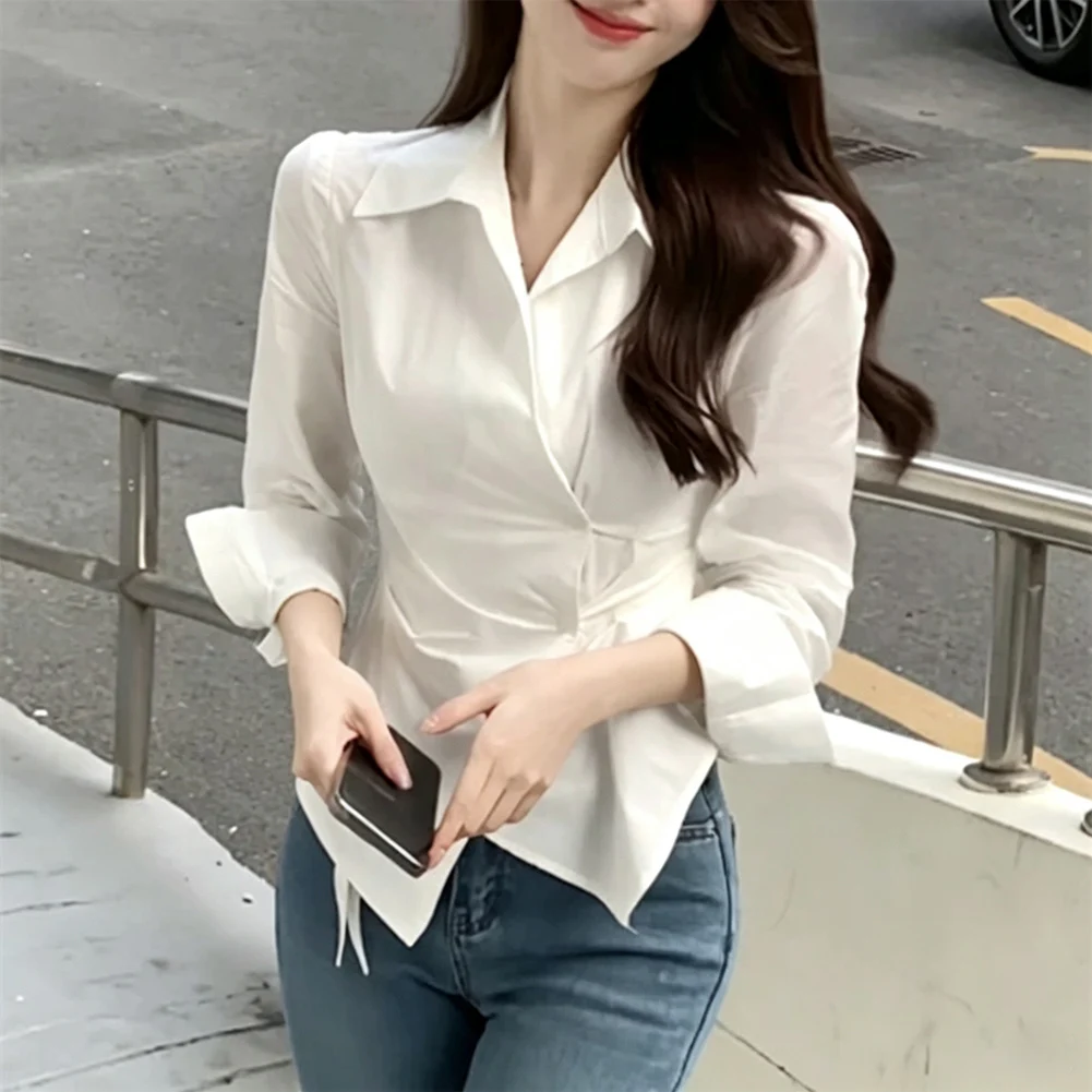 Ladies' Vertical Striped Lapel Long Sleeve Blouse Mid Length Pleated Waist Cinched Shirt Skirt Tops 1PCS