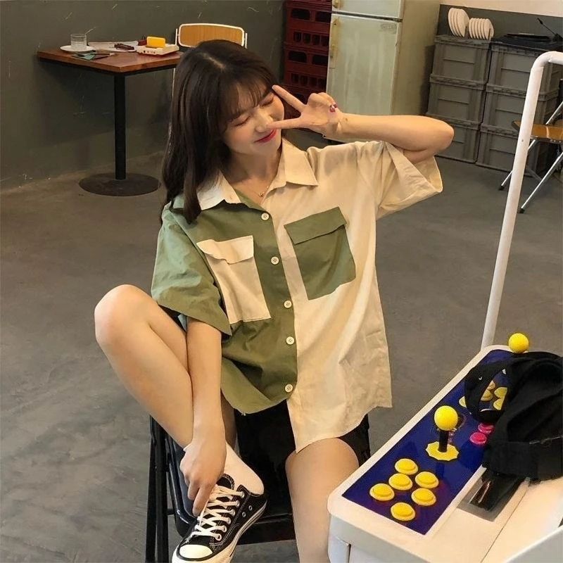 

New Arrival Korean Style Color Block Half Sleeve Blouse for Female Students Preppy College Hong Kong Vibe Loose Summer Basic Top