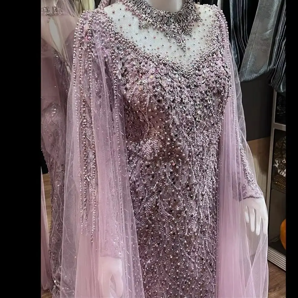 FATAPAESE Personalizzato Perline Cristalli Gemme Abito da sposa Lungo Tulle-Manica Sheer-Collo Sllim Guaina Sirena Abiti formali Abiti