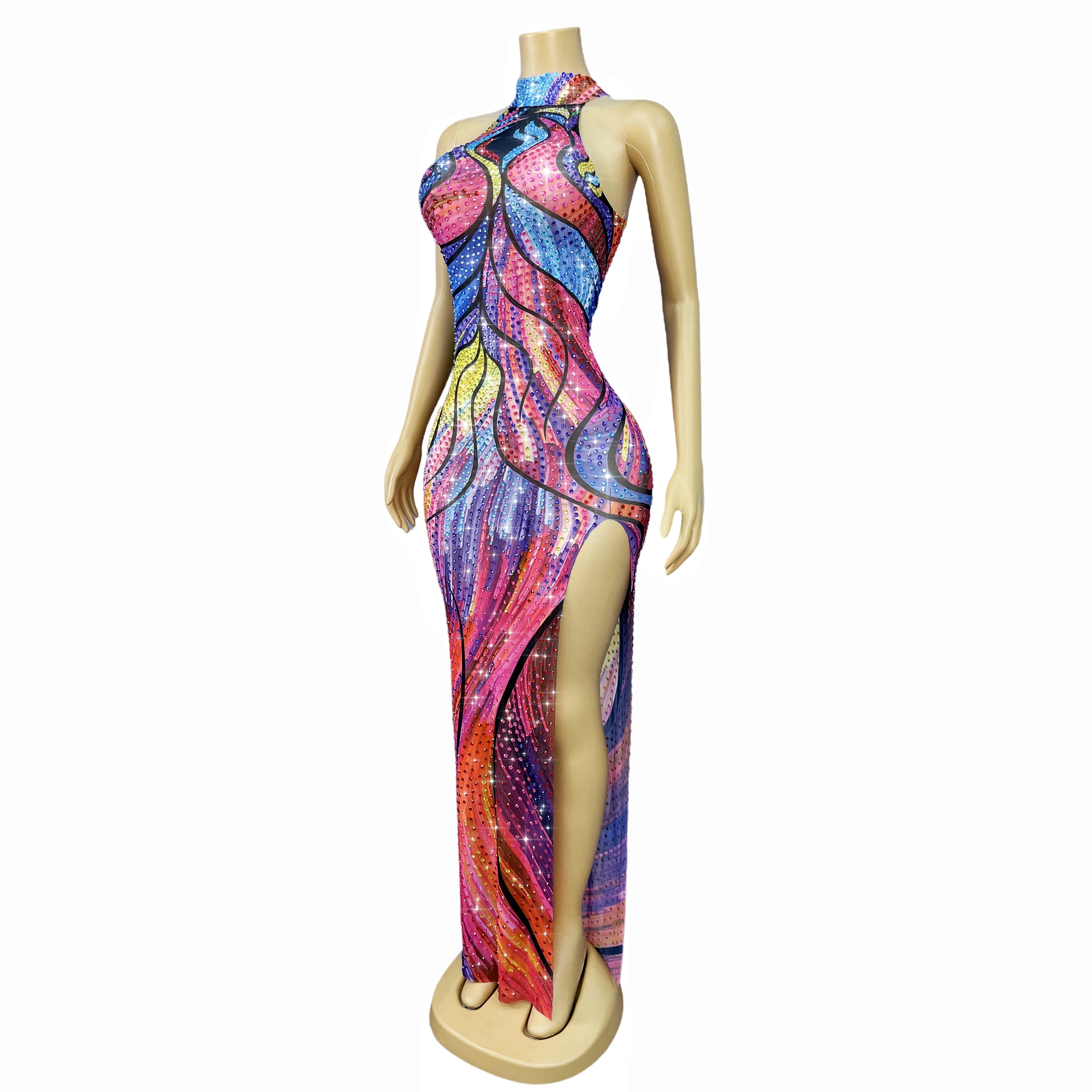 Vestido Sexy con estampado Multicolor y diamantes de imitación brillantes para mujer, vestido ajustado con abertura alta, vestido de noche para fiesta de cumpleaños, alfombra roja, ropa para escenario