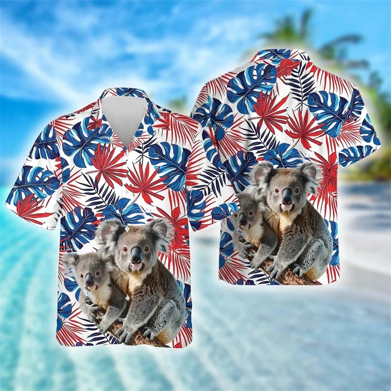 Fashion Summer Funny Animal Koala 3D Print Shirts Men Casual Shirt Vintage Streetwear Short Sleeve Shirt Blouse Man Clothing