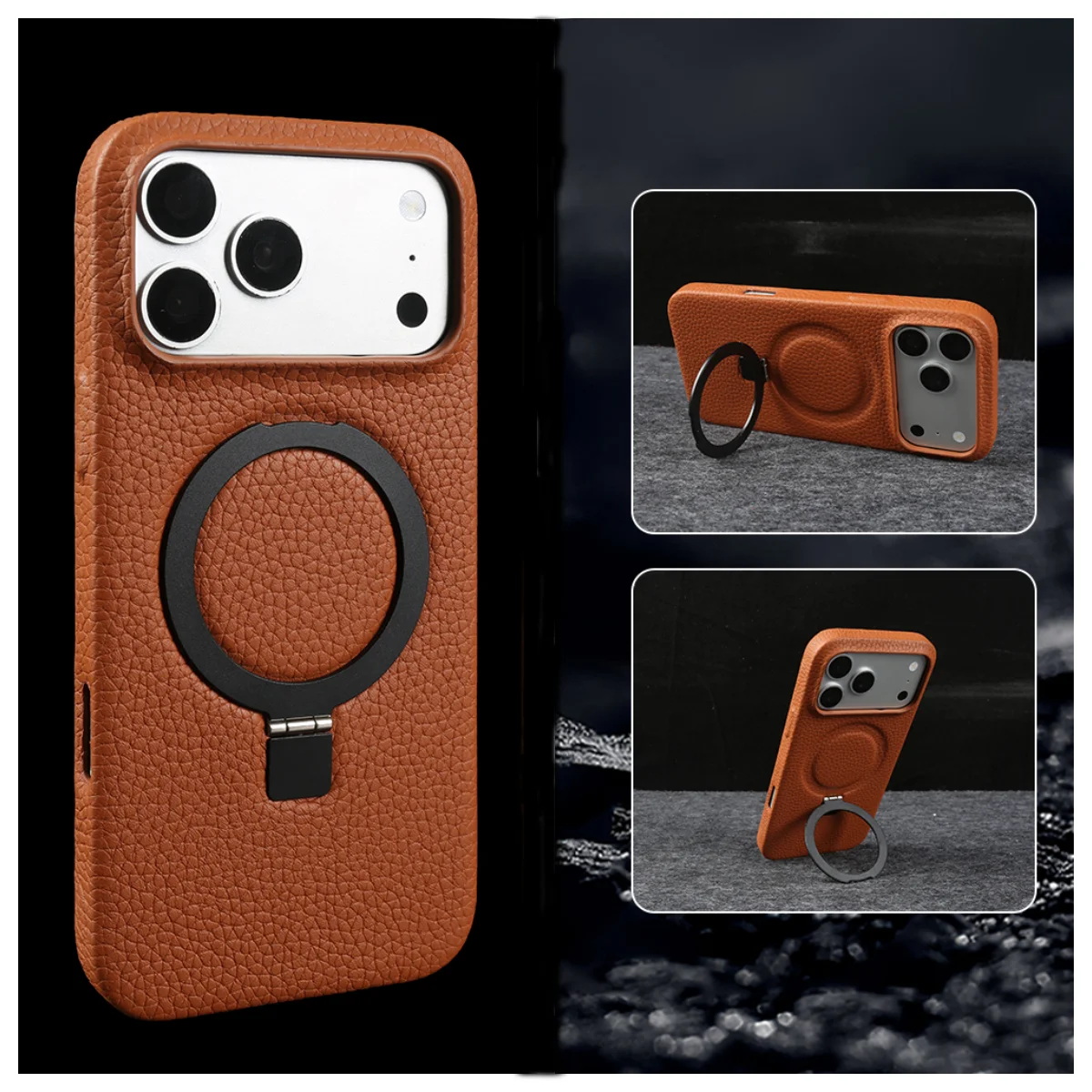 

Magnetic Bracket Ring Genuine Leather Case For iphone 17 Pro Max 17e 16e 14 13 Mini 12 15 Plus 16 Pro Max Phone Case Cover Coque