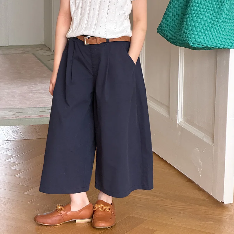 Summer Girls Trendy Casual Cropped Wide‑Leg Trousers Solid Color Soft Dense Fine Twill Washed‑Cotton Kids 9‑Length Pants