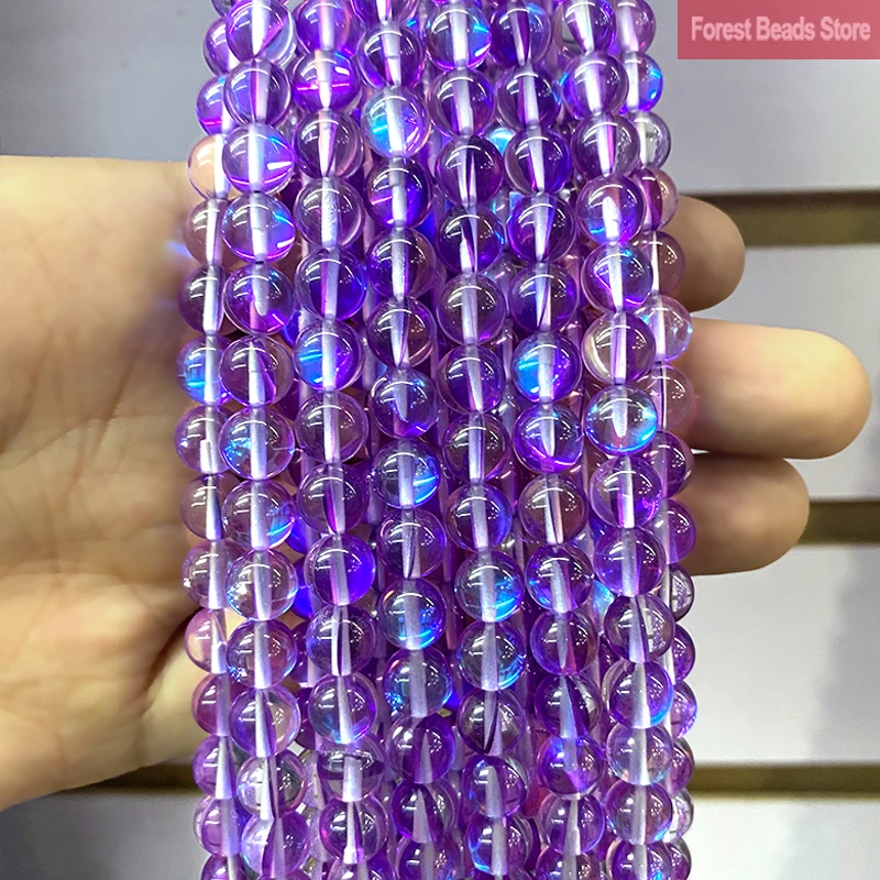 Purple Austria Crystal Synthetic Glitter Moon Stone Round Beads DIY Bracelet Necklace  for Jewelry Making 15