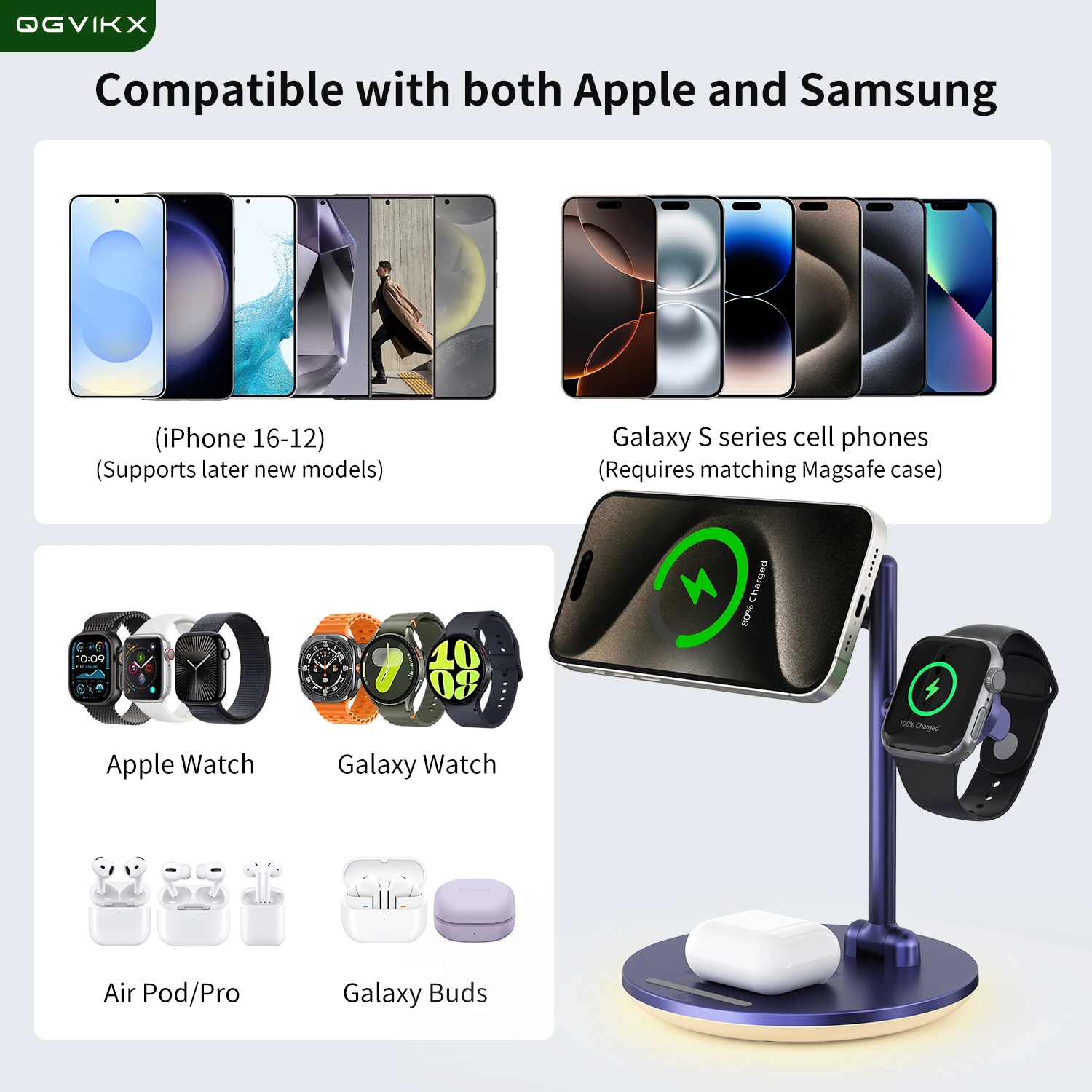 4-в-1 Беспроводная зарядная станция с магнитным охлаждением TEC Беспроводное зарядное устройство Qi2 15 Вт для телефонов Magsafe Apple Samsung, часов и наушников