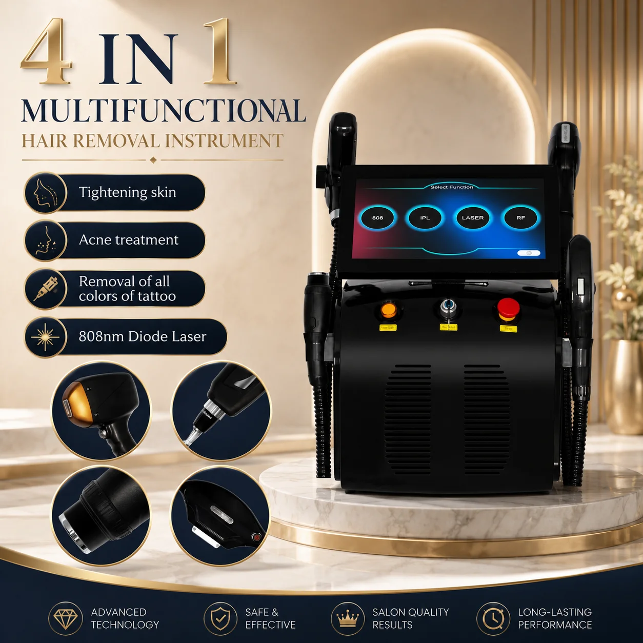 4 Wavelength 755 808 940 1064nm Diode Laser Painless Hair Removal 4 in 1 IPL RF Picosecond  Tattoo Removal Salon Machine