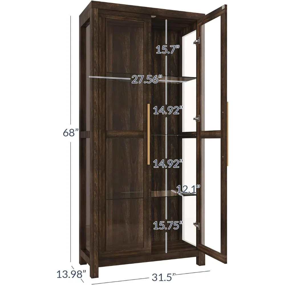 Storage Cabinet, Tall Bookshelf or Display Cabinet for Living Room Bedroom,Curio Cabinet with Tempered Glass Doors,(Dark Walnut)