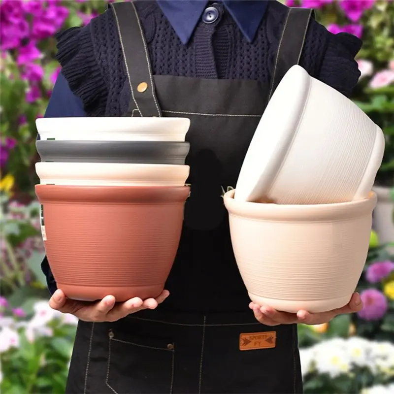 newA10R Thickened Resin Flowerpot with Tray Plastic Round Gardening Supplies Succulents Planter Creamy White