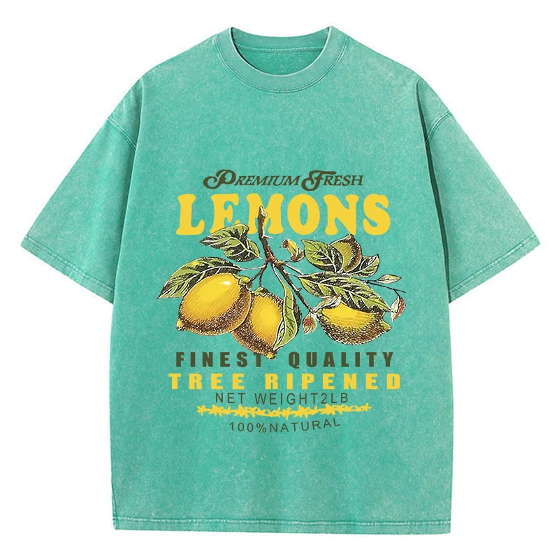 Cotton Women Acid Wash T-Shirts Premium Fresh Lemons Printing Tees Distressed Oversize O-Neck Short Sleeve Casual Female Clothes