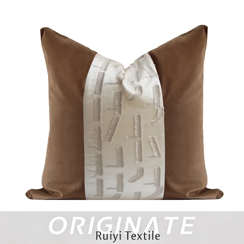 RUIYI Brown Velvet Square Pillow Cases Ivory Satin Embossed Stripe Patchwork Luxury Mid Century Sofa Cushion Covers 45x45cm