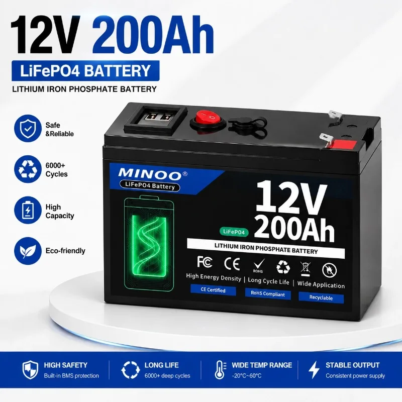 12V 200Ah 21700 Lithium Battery Pack With 200A BMS For Sprayer Solar Storage Camping Backup Power Rechargeable