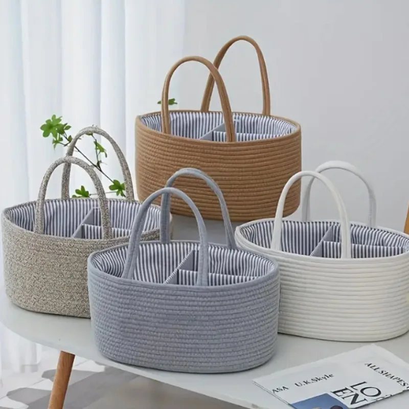 

Cotton Rope Woven Handled Basket Baby Diaper Storage Basket with Fringe Detachable Organizer Box Nursery Decor