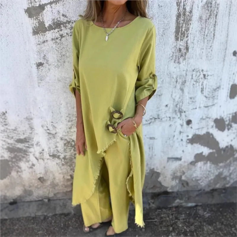 

Women Casual O-neck Irregular Long Top Two Piece Sets Spring Fall Solid Color Loose Mid Length Tops + Wide Leg Long Trousers Set