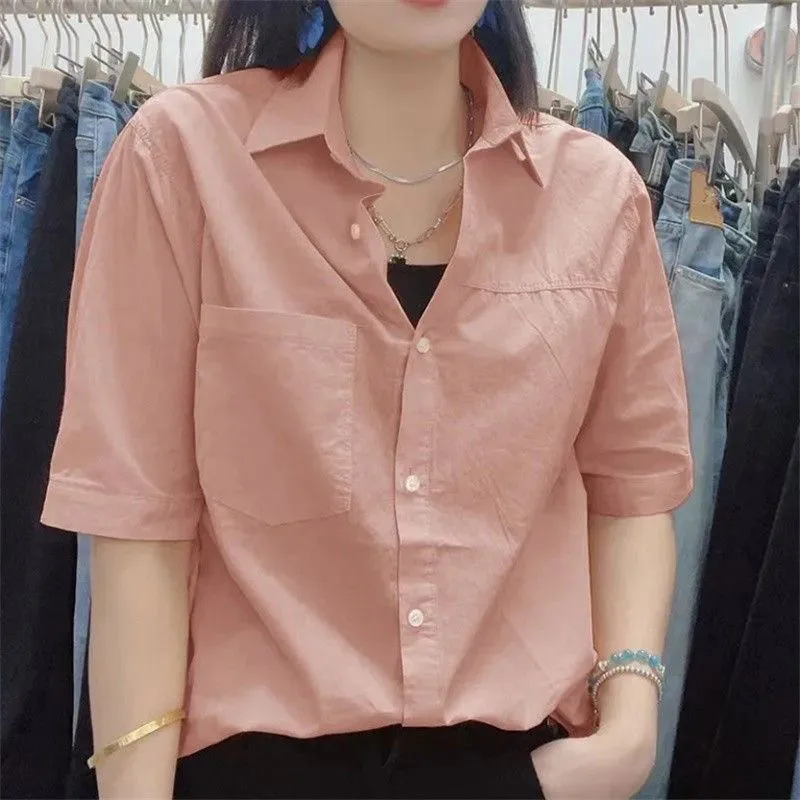 

Fashionable Summer 2026 Short Sleeve Loose Casual Thin Shirt Women's Premium Quality Cotton Neck Open Cardigan Style Shirt