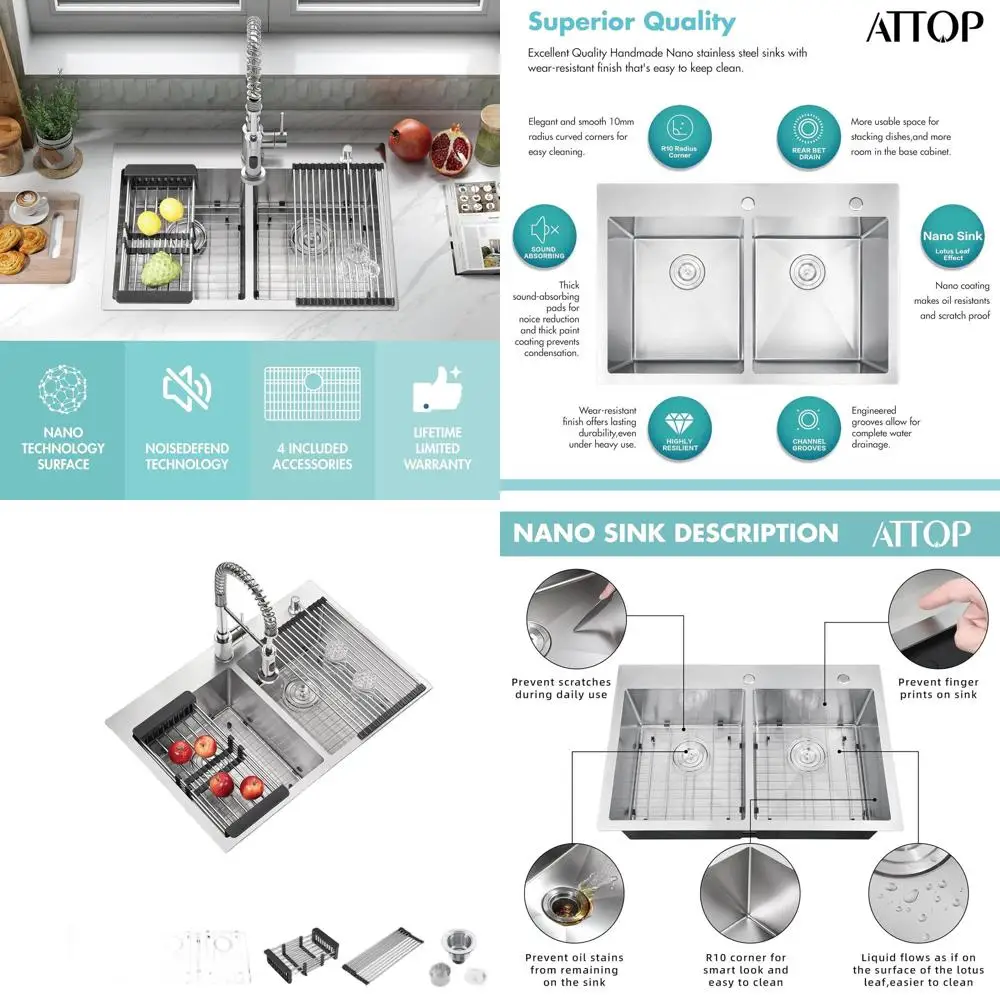 

33 Large Double Bowl Topmount Stainless Steel Kitchen Sink with Nano Coating