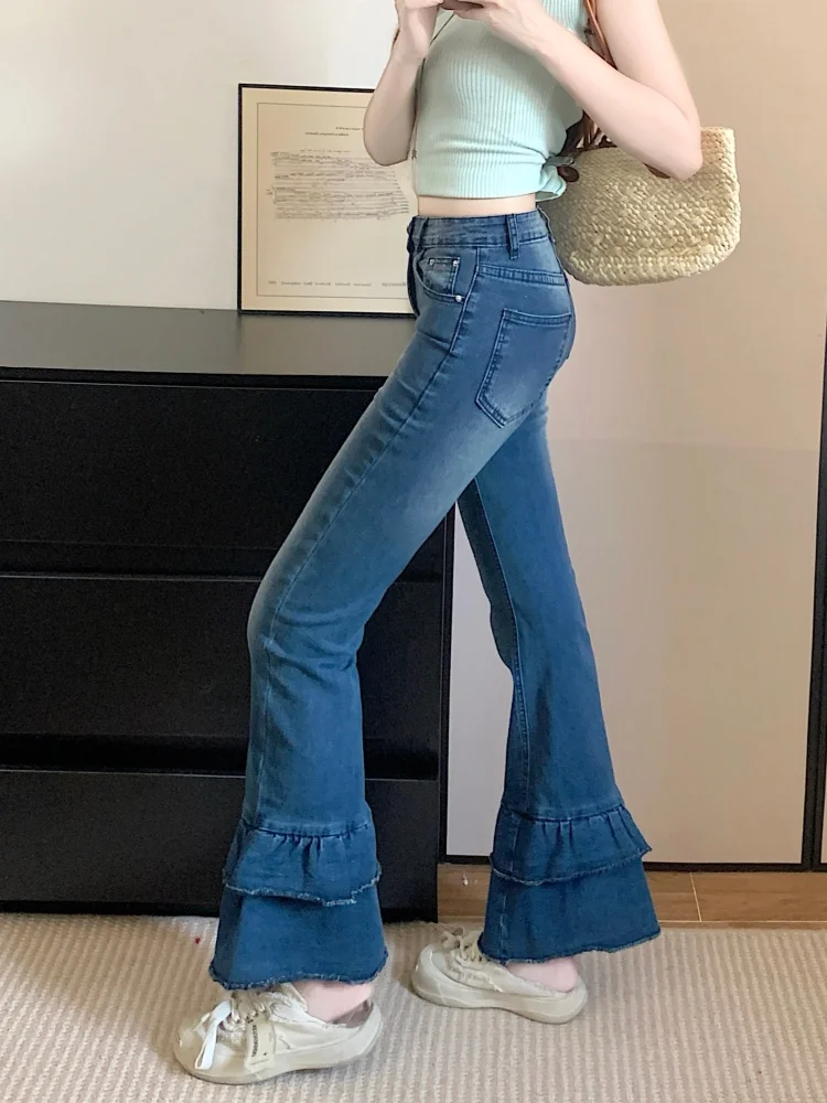 2026 Ropa Y2K Fashion Ruffle Design Slim Women's Capri Flared Jeans Pants For Woman Clothing Washed Blue Casual Denim Trousers