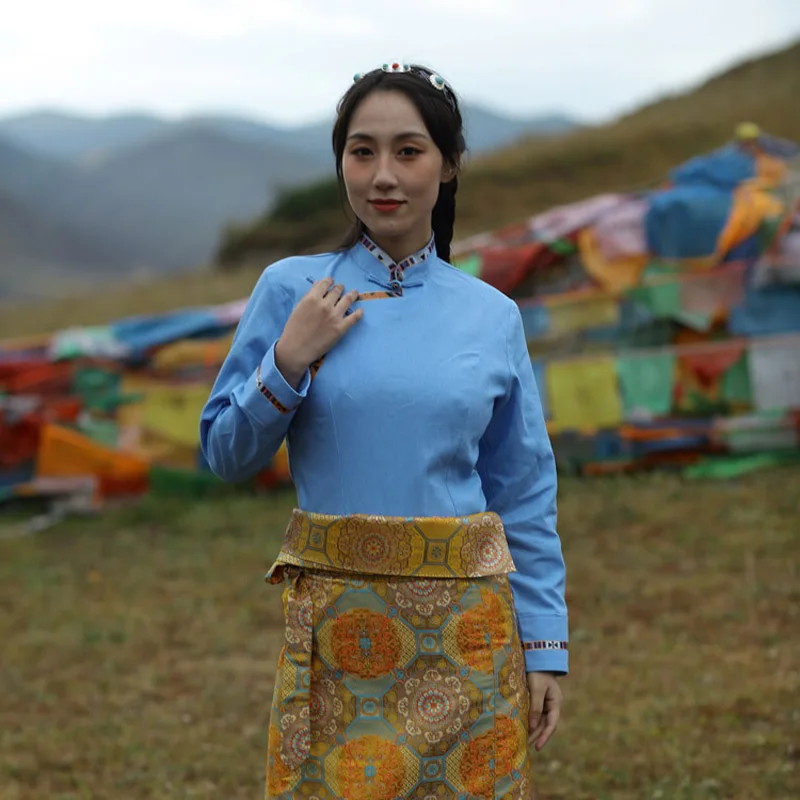 

Tibetan Clothing Women's Cotton and Linen Top Handmade Buttonhole Loop Long Sleeve Spring Autumn Chinese Style