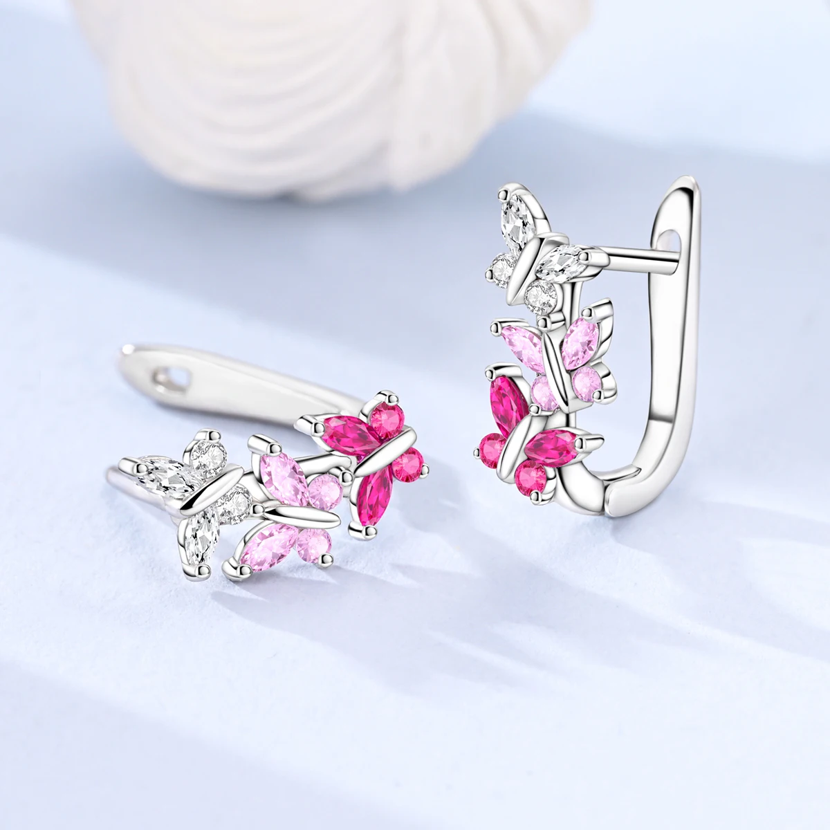 925 Sterling Silver Pink Gradient CZ Butterfly Huggie Hoop Earrings For Women Cute Triple Insect Leverback Ear Jewelry