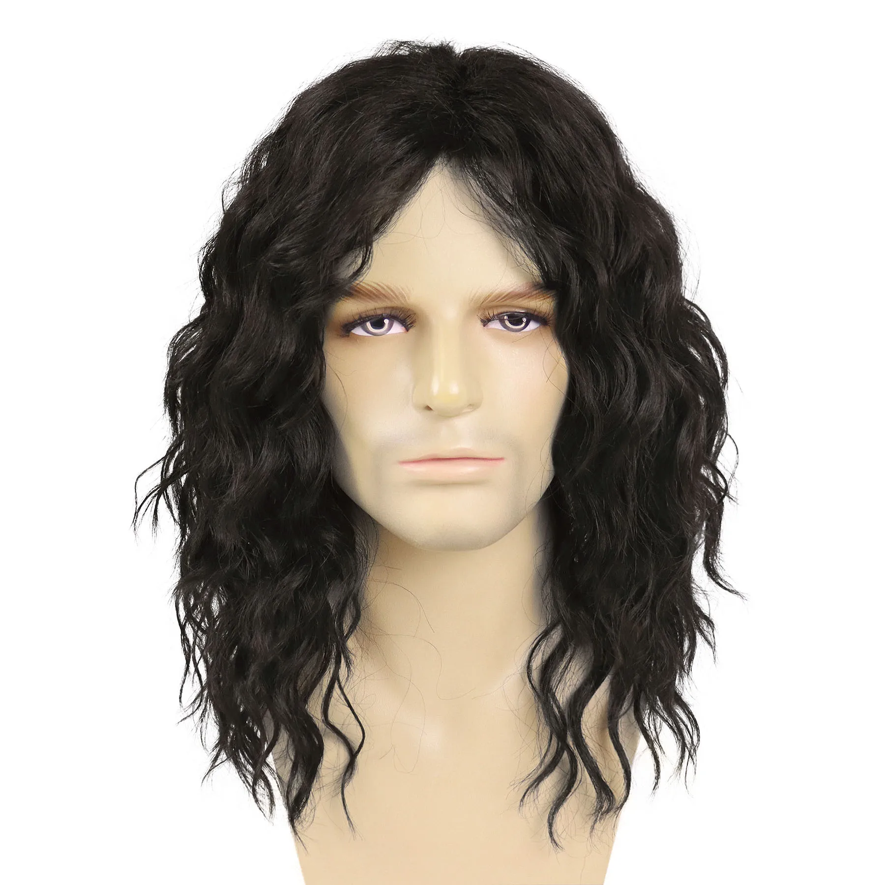 20 Inch Dark Brown Wigs Synthetic Unisex Long Wavy Wig for Men Halloween Costume Cosplay Heavy Metal Rocker Wig Heat Resistant