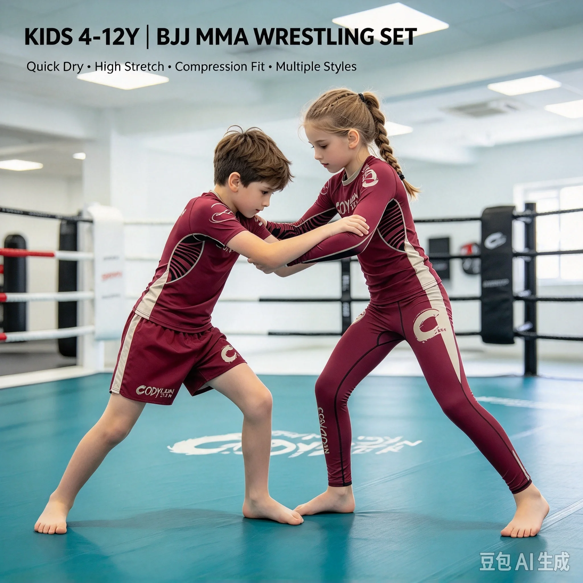 4-12Y Kids MMA BJJ Compression Set Youth Wrestling Grappling Outfit Long Short Sleeve Rash Guard with Pants Shorts