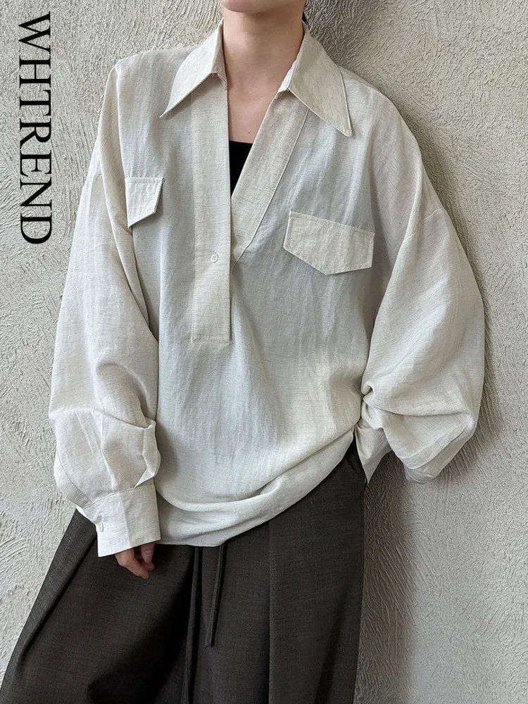 

WHTREND Korean Style V-Neck Linen Shirt For Women Long Sleeve Autumn New Elegant Loose Design Blouses WH1115