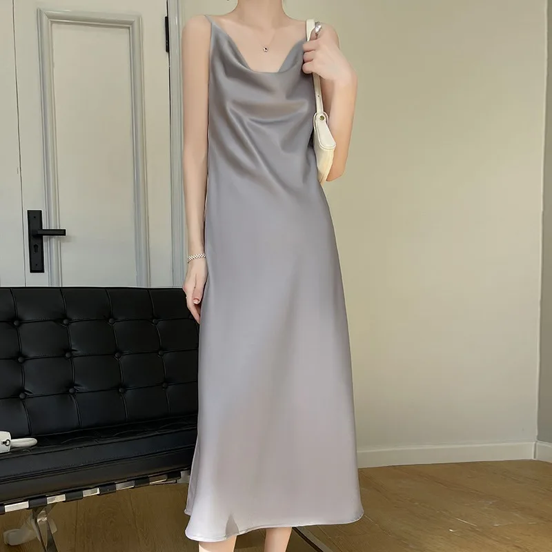 Ele Langer Acetat-Satin-V-Ne-Sexy-Träger-Dr-Anzug, Innenbekleidung, lässiger Pendler, lockere Taille, A-Linien-Rock, Dr