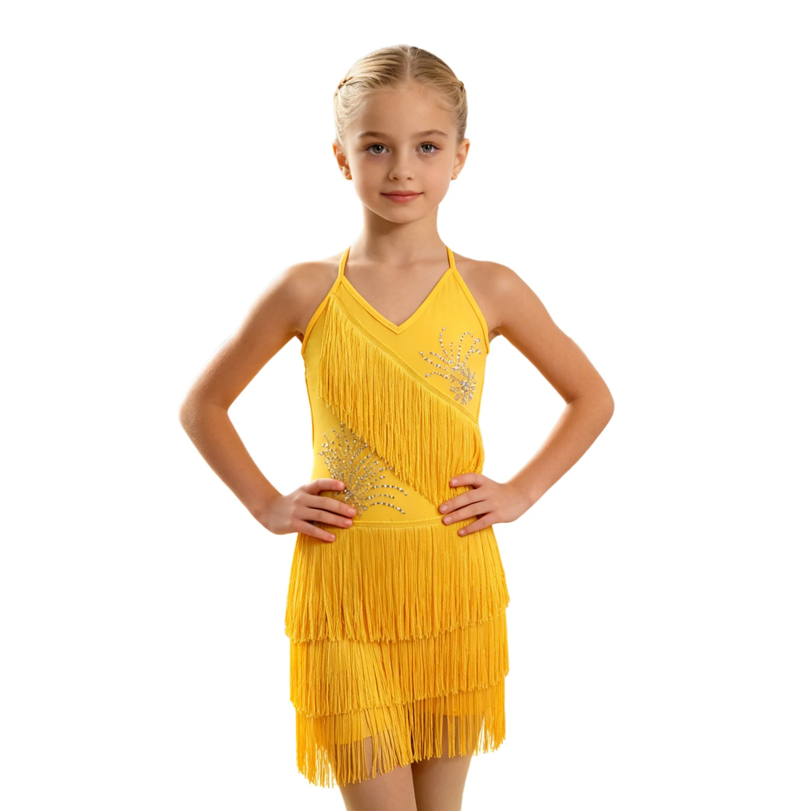 Kids Girls Tassel Latin Dance Dress Sleeveless Spaghetti Straps Shiny Rhinestone Dresses Ballroom Tango Rumba Salsa Dancewear