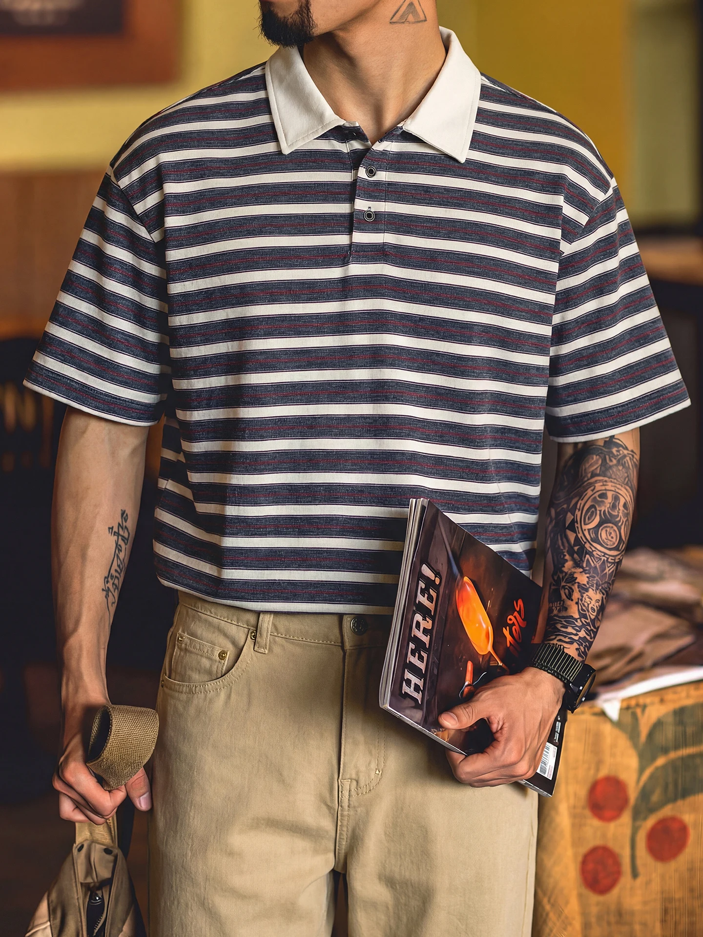 

Men's Heavyweight Striped Shirt Summer American Retro Color Block Collar Loose Commute Versatile Short Sleeve Trendy