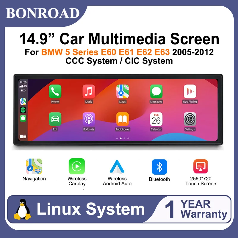 BONROAD, écran multimédia pour voiture avec système Linux, autoradio pour BMW Série 5 E60 E61 E62 E63 2005-2012, système CCC CIC, Carplay sans fil, Android Auto, fonction de partage d’écran, écran tactile, navigation.