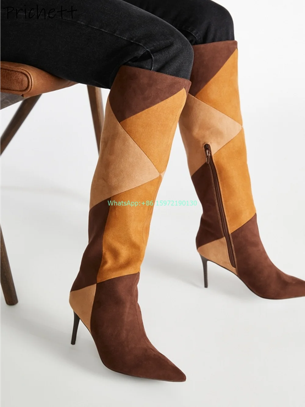 Brown Orange Mixed Color Boots Pointy Toe Thin Heels Zipper Niche Knee High Boots Women's Fashion Street Photo Runway Boots