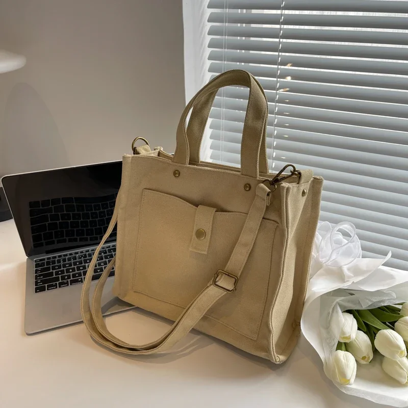 

Летняя женская холщовая сумка-тоут большой вместимости, простая однотонная школьная сумка на плечо, сумка-шоппер с несколькими карманами