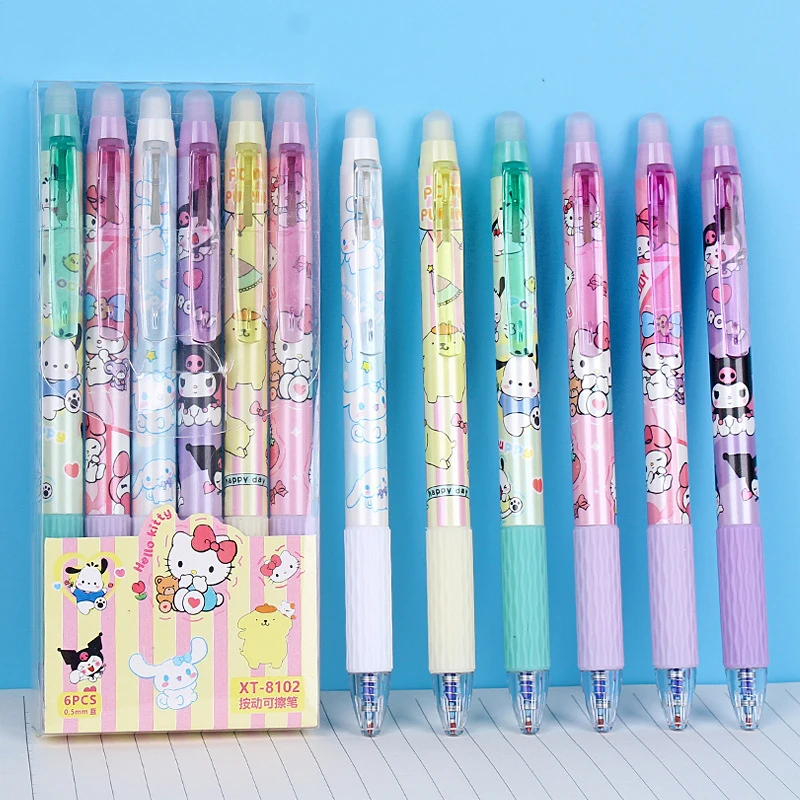 Sanrio-Bolígrafo de Gel borrable de dibujos animados, Cinnamonroll, Kuromi Melody, 0,5mm, tinta azul, escritura, secado rápido, papelería para estudiantes, 1/6 piezas