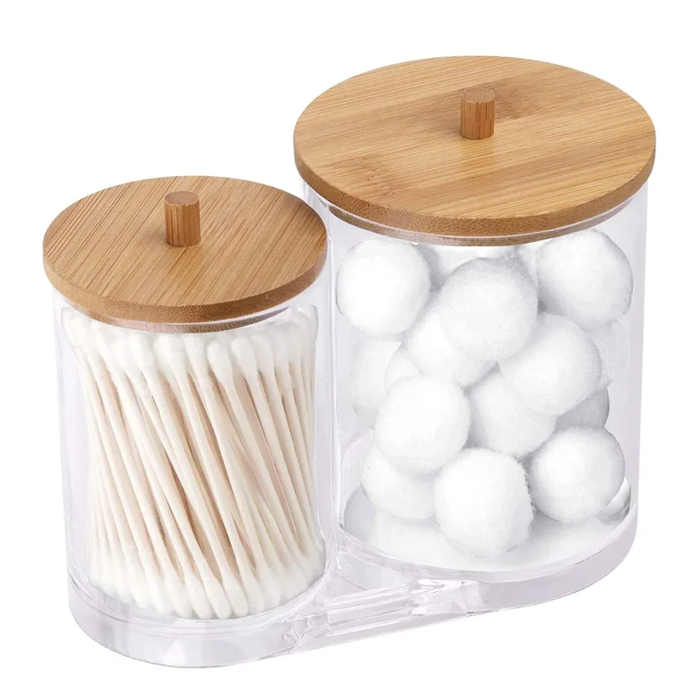 Acryl Opbergdoos Badkamer Pot Make-Up Organizer Katoen Ronde Pad Houder Wattenstaafje Doos Qtip Houder Dispenser Met Bamboe Deksel