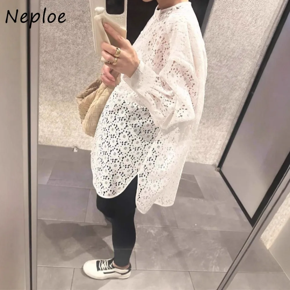 

Neploe Solid Lace Patchwork Hollow Out Shirt French Fashion Lazy Loose Slim Ropa Mujer Japan Temperament Mid-length Fresh Tops