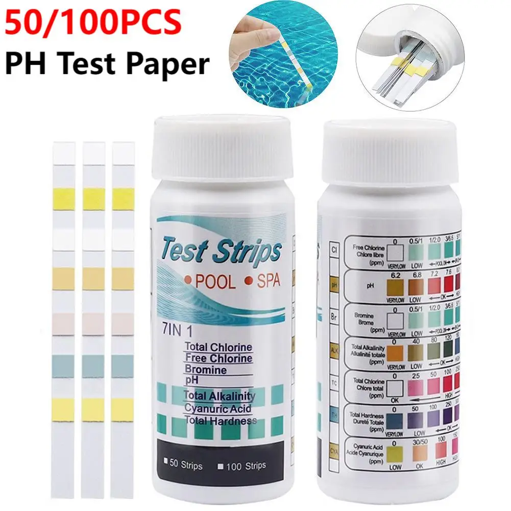 50/100pcs Water Test PH Strips Multipurpose 7-in-1 Chlorine PH Alkalinity Hardness Test Strips Swimming Pool Water Tester Paper