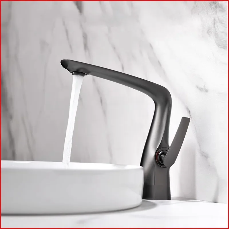 

Basin Faucet Gray Solid Brass Hot and Cold Bathroom Decked Single Lever Sink Mixer Brush Gold