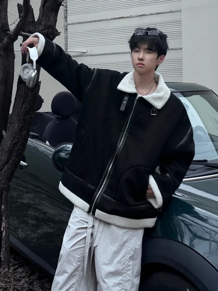 

Warm Pure Color Suede Cotton Jaet Lamb Fur Lined Youth Faion Winter Outerwear Thiened Long Sve Zipper Closure