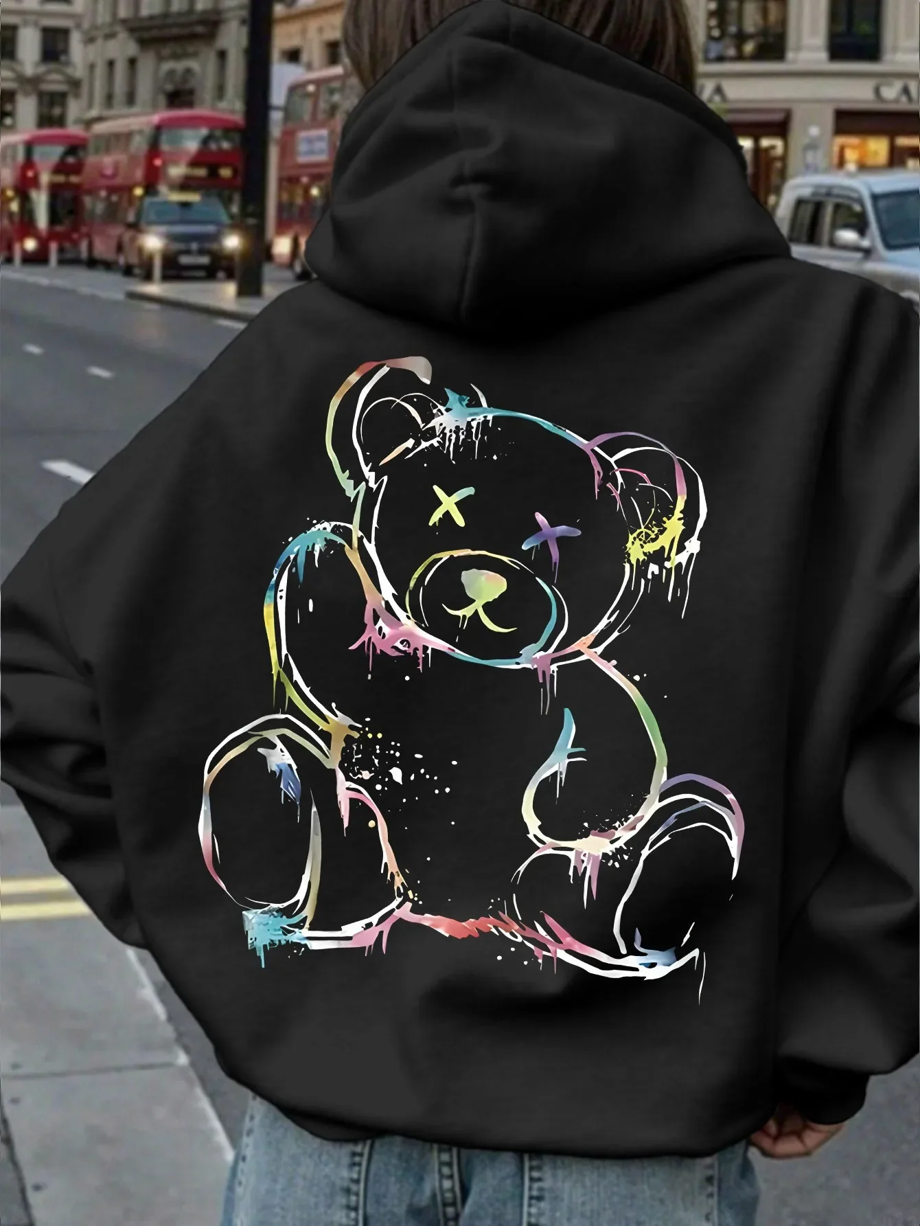 Unisex Y2K Hoodie Colorful Paint Splash Bear Graphic Back Poster Print Oversized Sweatshirt Street Art Streetwear