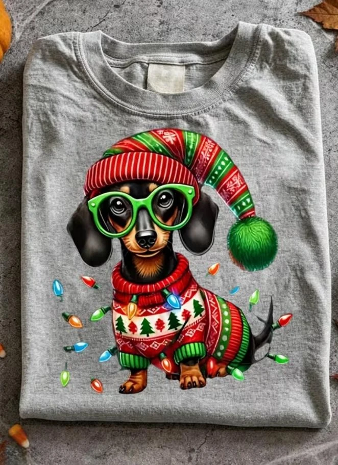 Vintage Washed Grey Dachshund Christmas T Shirt Men Cute Dog Ugly Sweater Graphic Tees Summer Cotton Short Sleeve Xmas Lights Holiday Outfits