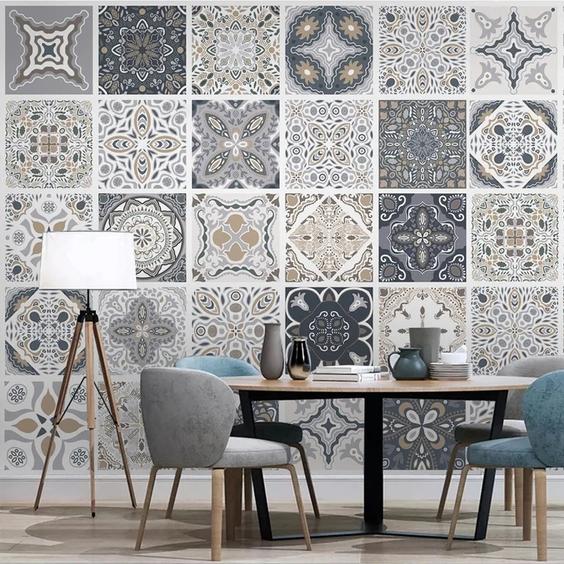 Custom Size 3D Photo Wallpaper for Wall European Retro Flowers Tiles Geometric Pattern Mural Canvas Kitchen Living Room Decor