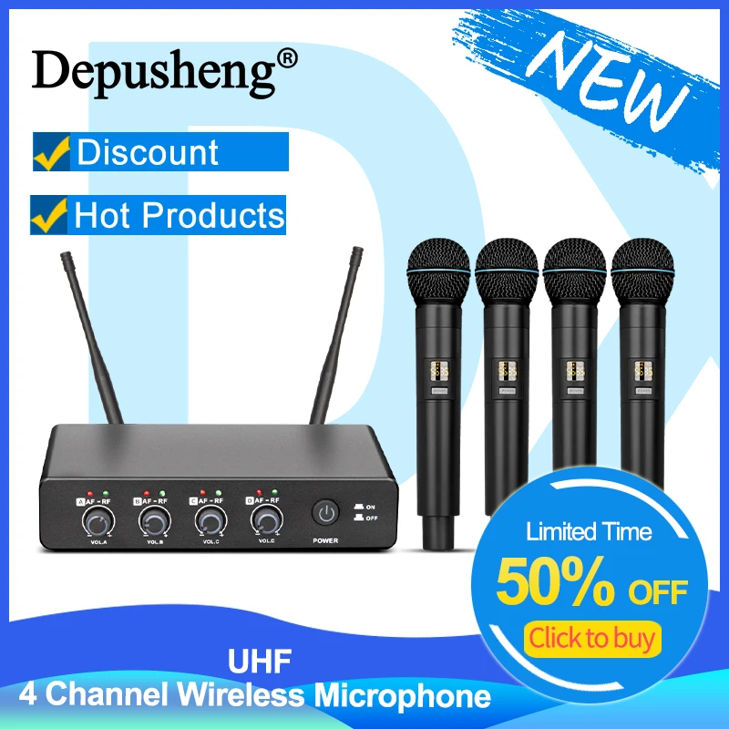 Professional UHF Wireless Microphone System Depusheng R4 4-Channel Handheld Karaoke Mic for DJ Home Party Sing Church TV Speaker