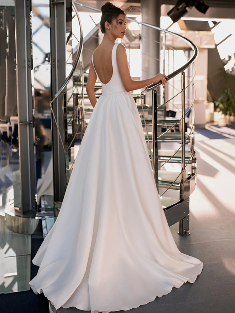 Simple Modern Wedding Dresses 2024 Satin Square-Collar Bride Gowns Floor-Length Sleeveless Robe Backless Sexy Vestidos De Novia