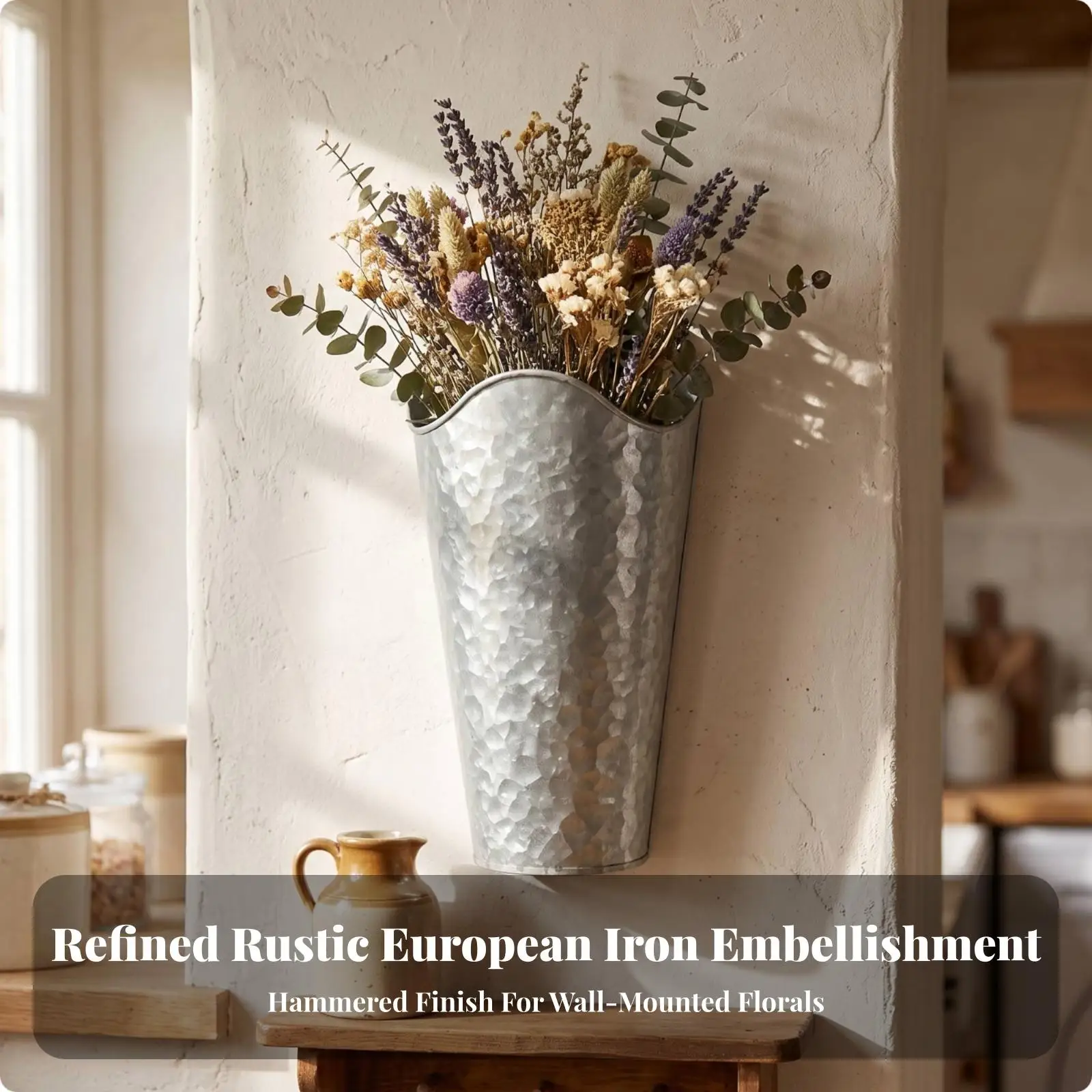 Wall-Mounted Flower Pot Hammered Metal Wall Pocket Hanging Planter with Keyhole Hanger Rustic Vase Vintage-Inspired