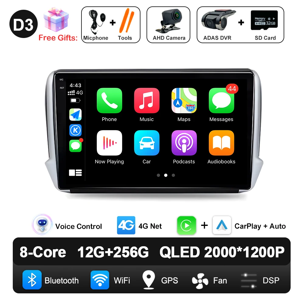 Android 16 Navigatie Multimedia Speler Carplay Auto Stereo BT video Autoradio voor Peugeot 2008 208 Serie 2012 2013 2014 - 2018