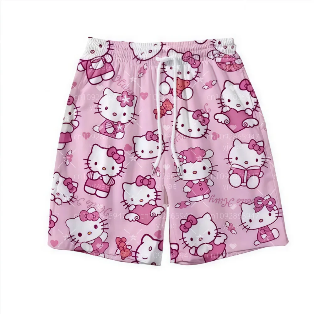 2025 女性の夏の水泳女性 3D ハローキティプリントビーチショーツプラスサイズ女性デイリーショーツカジュアルトランクスショーツ