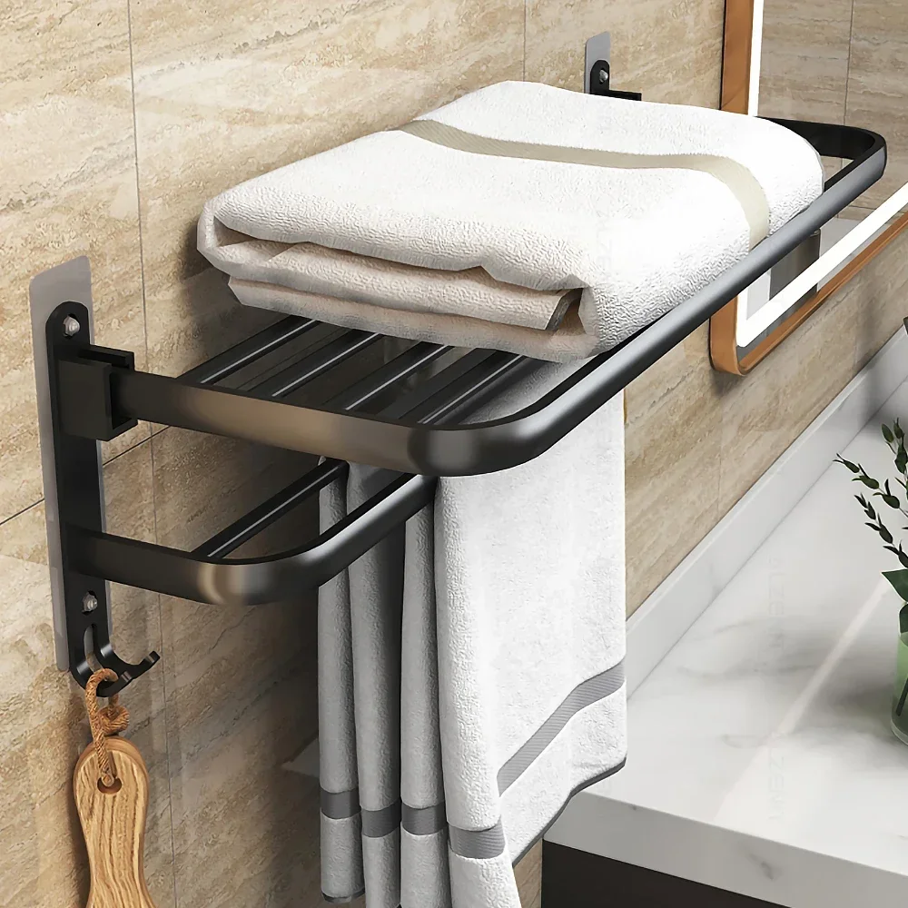 Matte Black No Drilling Towel Rack Movable Holder With Hook Wall Mount Shelf Aluminum Shower Hanger Rail Bathroom Accessories