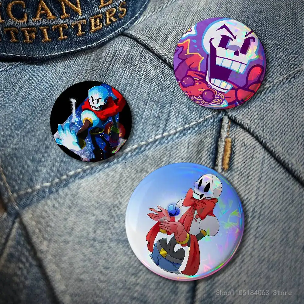 U-Undertale  Papyrus Reflective Pin Tinplate Round Brooch Cartoon Cosplay Badges for Bag Hat Toys Gifts