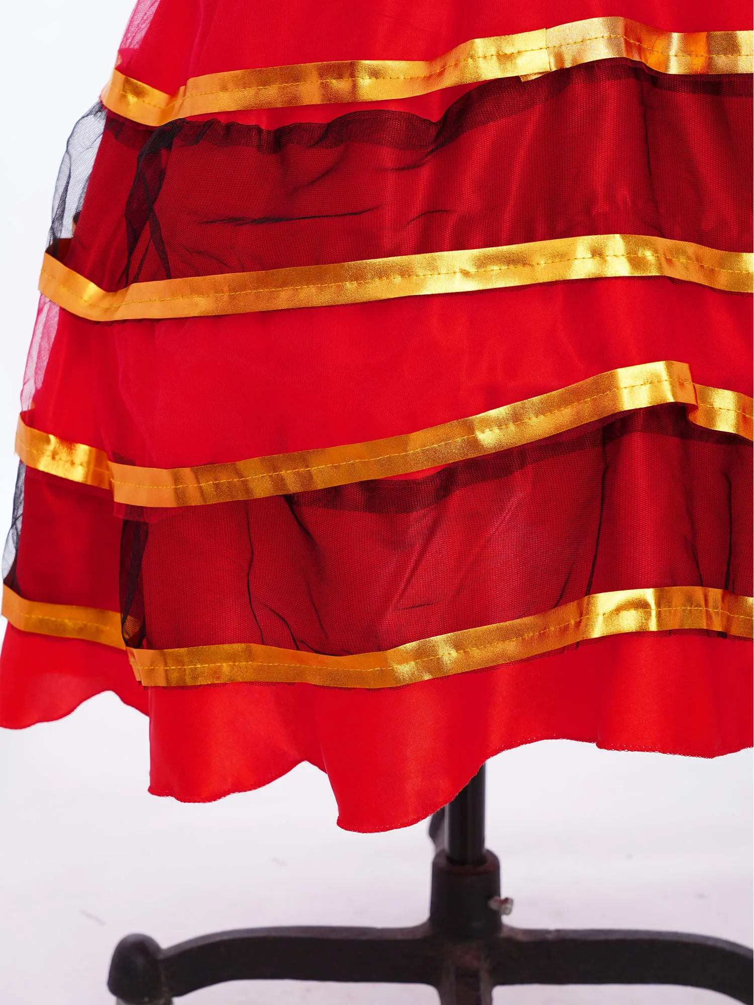 女の子用スペインフラメンコダンスマキシスカート、ティアードフリルサテンスカート、社交ダンスクラシックジプシーメキシカン闘牛パフォーマンスコスチューム