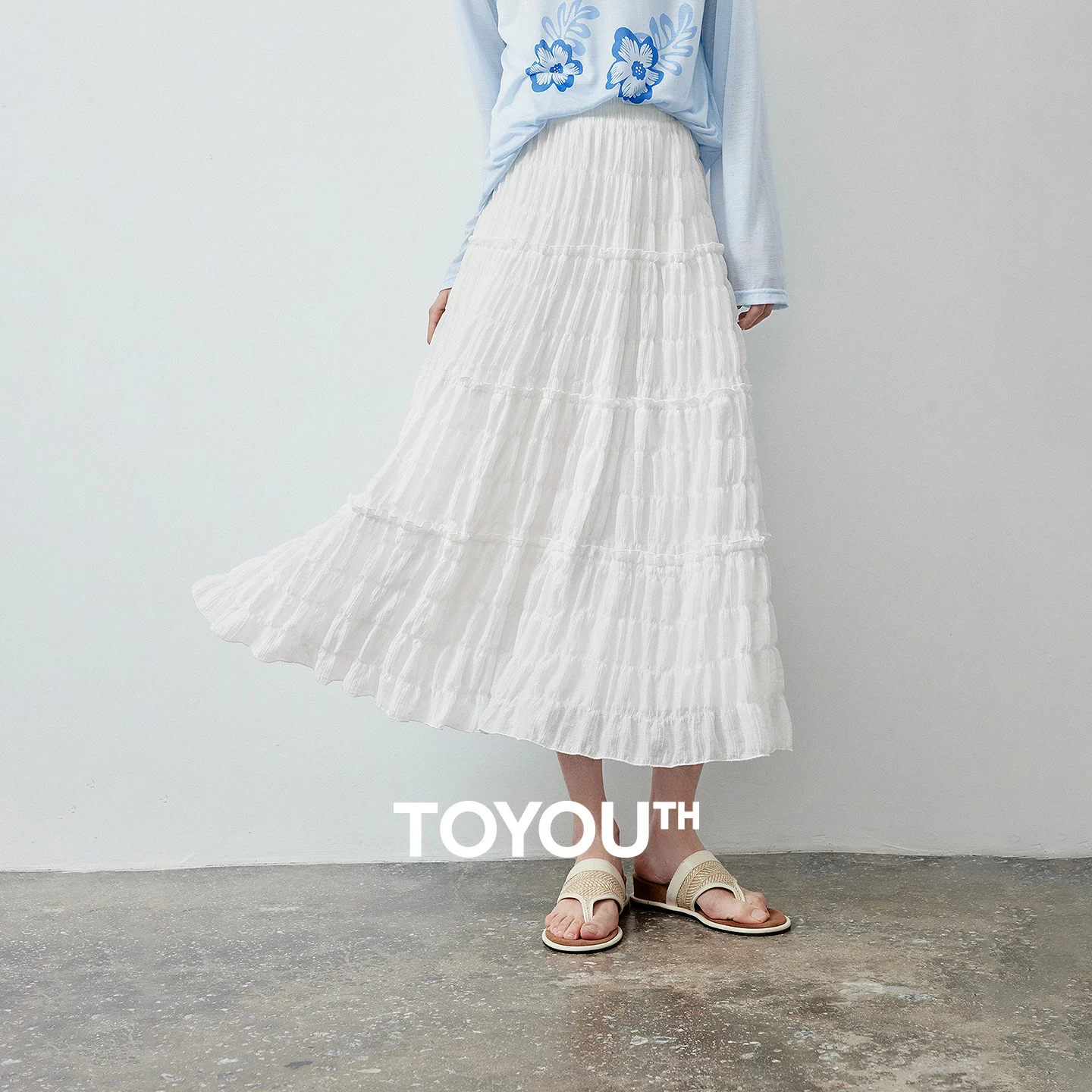TOYOUTH Women Skirt 2026 Summer New Wrinkled Bubble Texture Elastic Waist High Waist White Tiered Casual Skirt